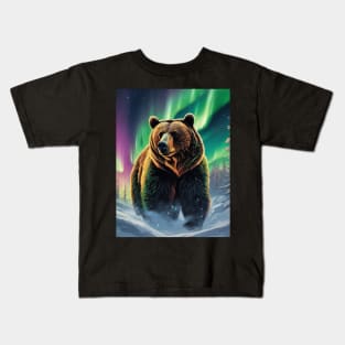 Brown Bear with Forest and Borealis, Colorful, Beautiful Kids T-Shirt